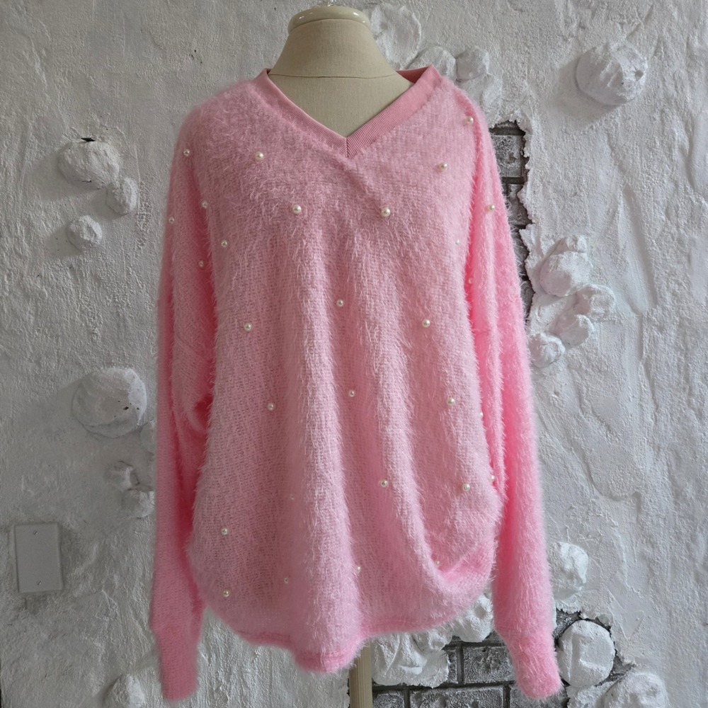 Shall We Pink Eyelash Knit Pearl Embellished V-Neck Sweater XL Girly Barbiecore